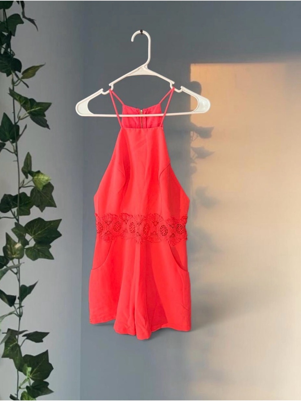 Coral Halter Romper with Lace Waist Detail